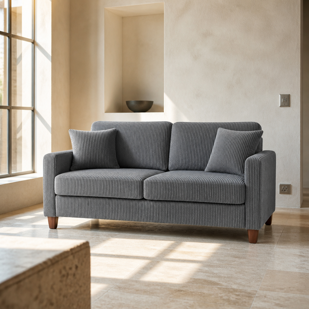 Grey corduroy sofa in hard midday light across a travertine floor