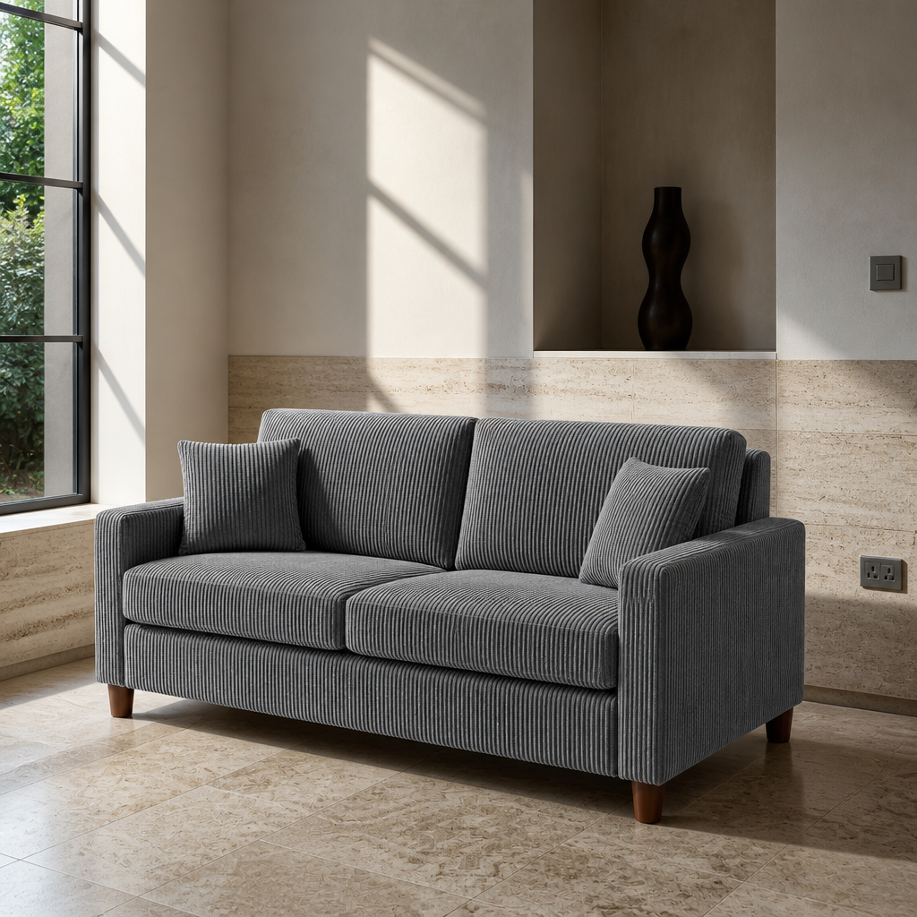 Grey corduroy two-seat sofa from a low corner angle showing the tapered wooden legs
