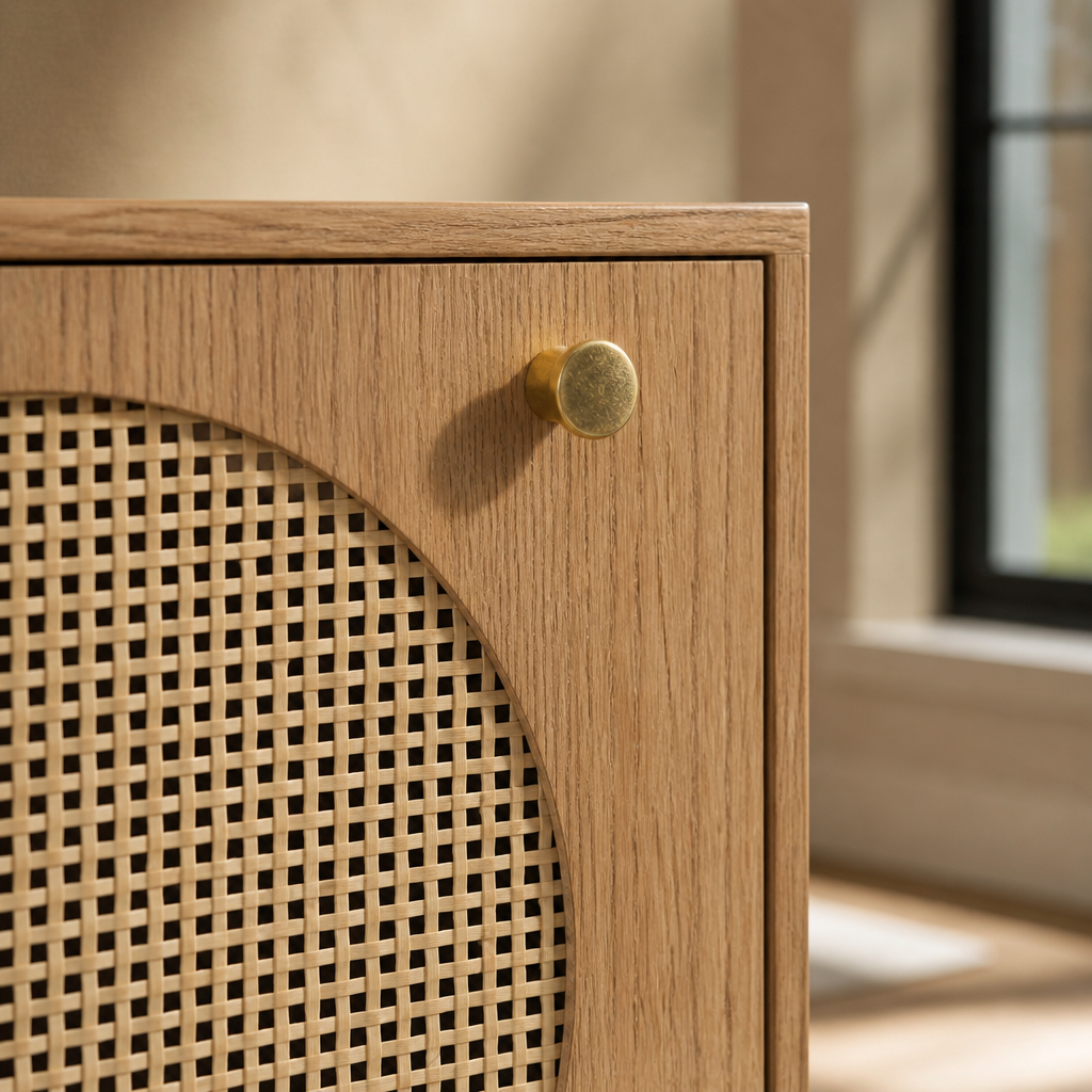 Close view of the brass knob and woven cane panel on the nightstand door