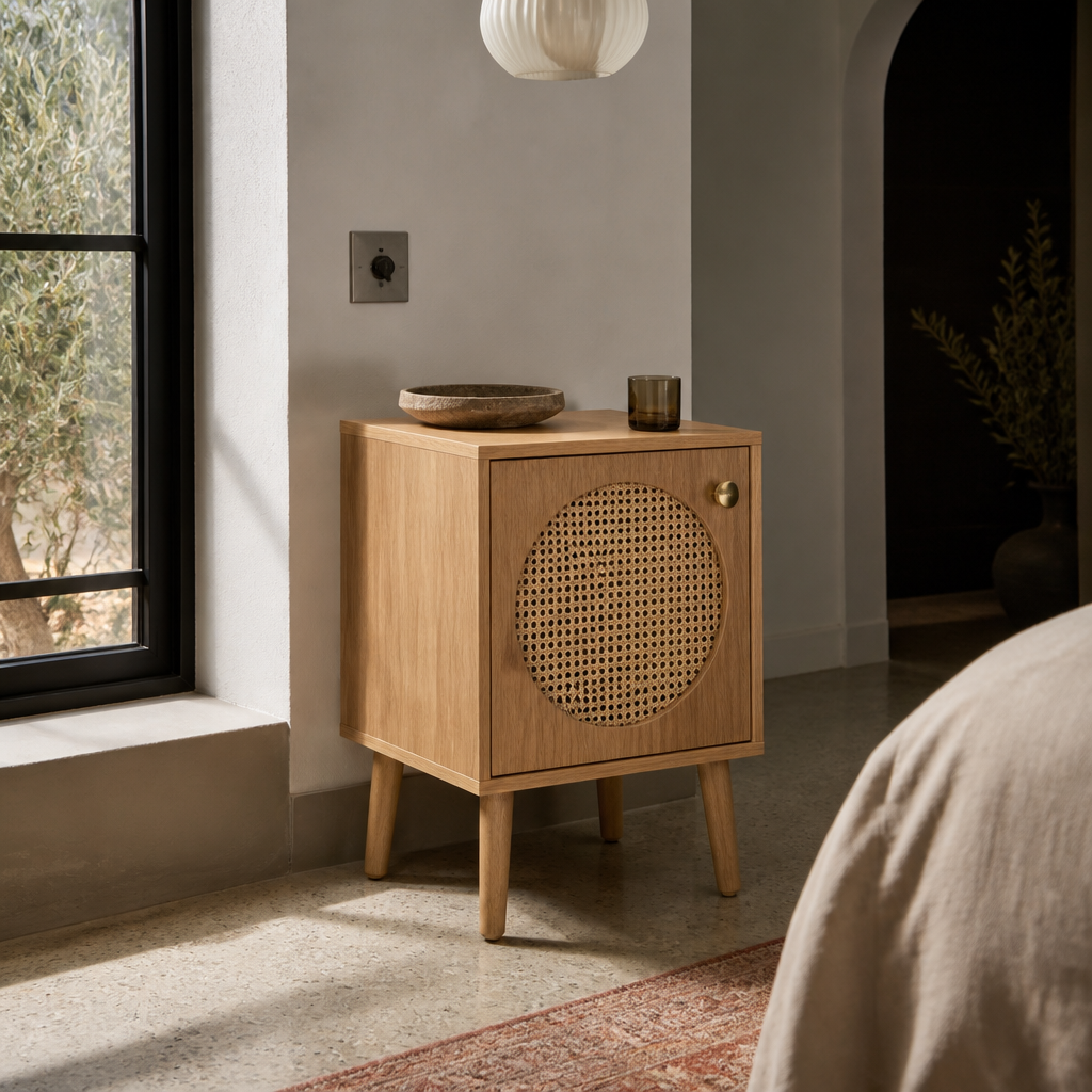 Side view of the oak cane nightstand showing its depth and tapered dowel legs