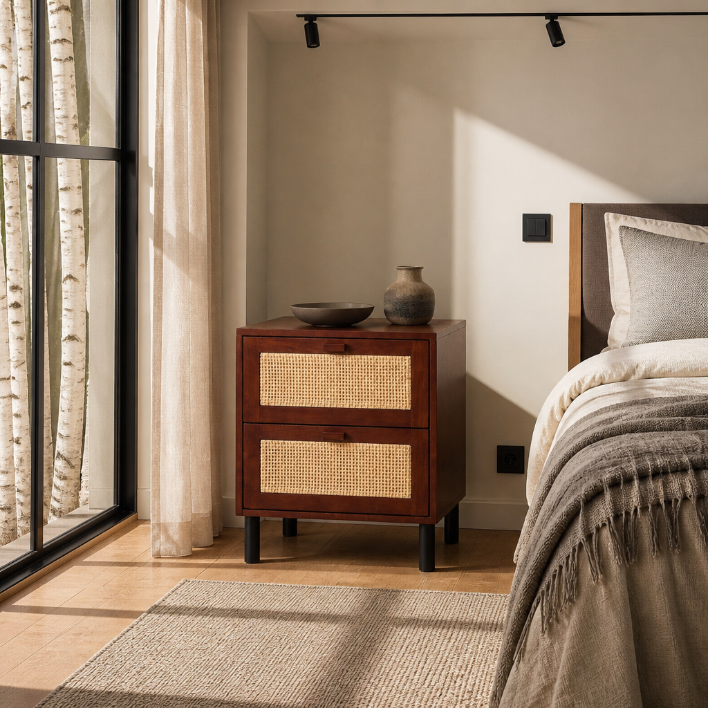Cane fronted walnut bedside chest beside a bed in a white oak bedroom
