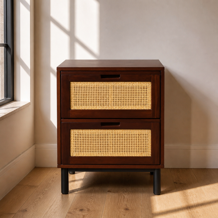 Two drawer walnut bedside chest with cane webbing drawer fronts, front view