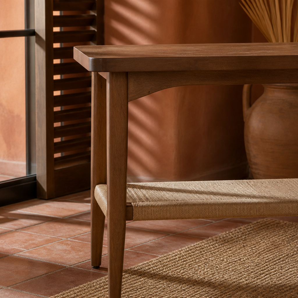 Detail of the shaped apron bracket where leg meets tabletop