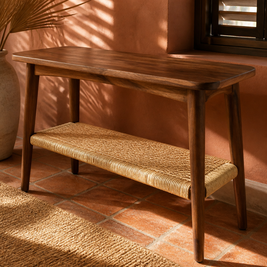 Angled view of the walnut console showing the woven paper cord shelf