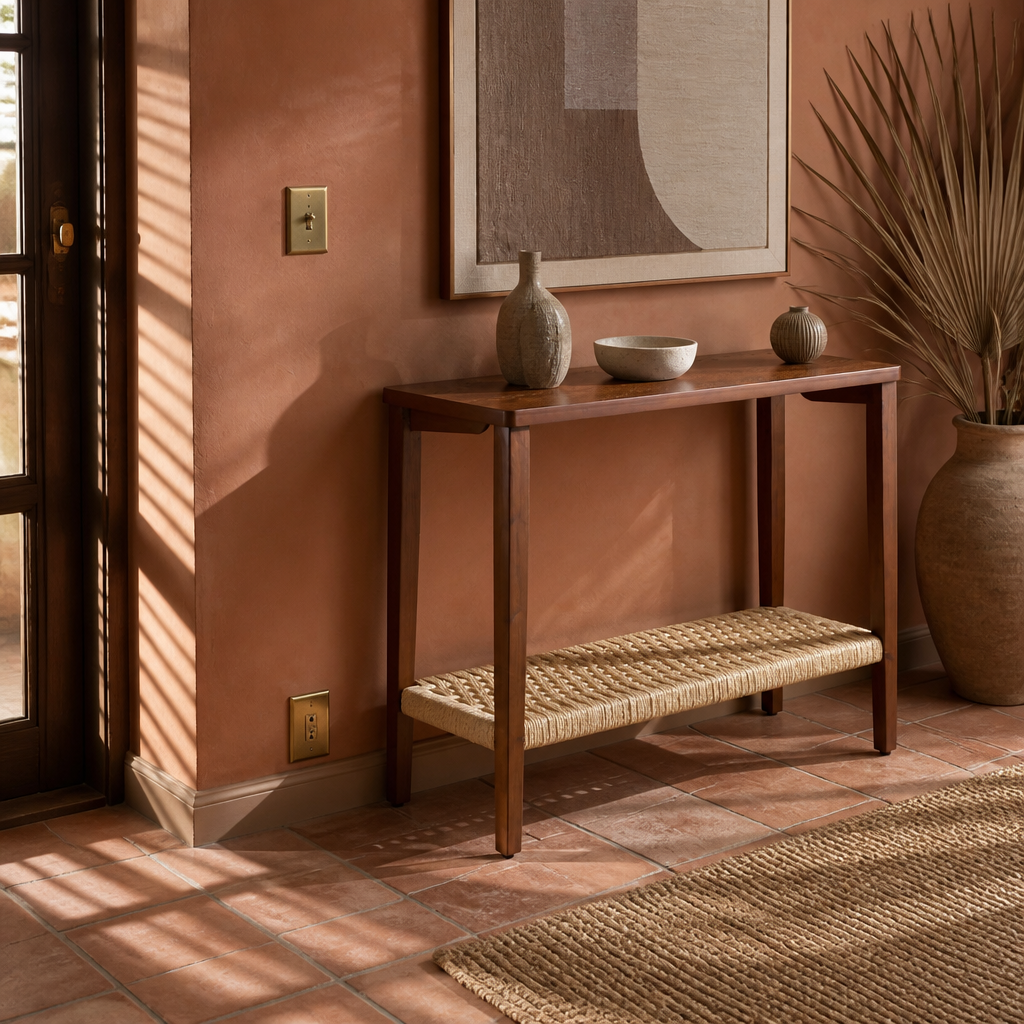 Walnut console table styled in a terracotta plaster hallway