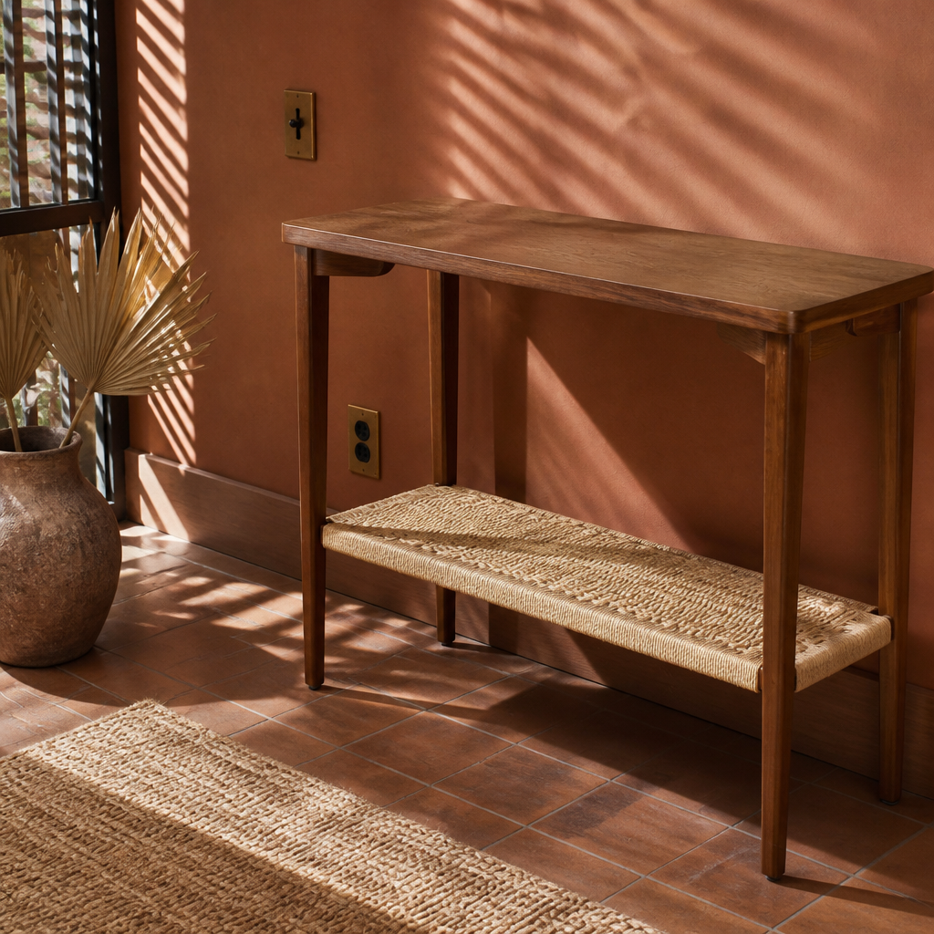 Low three quarter view of the console showing tapered legs and woven shelf