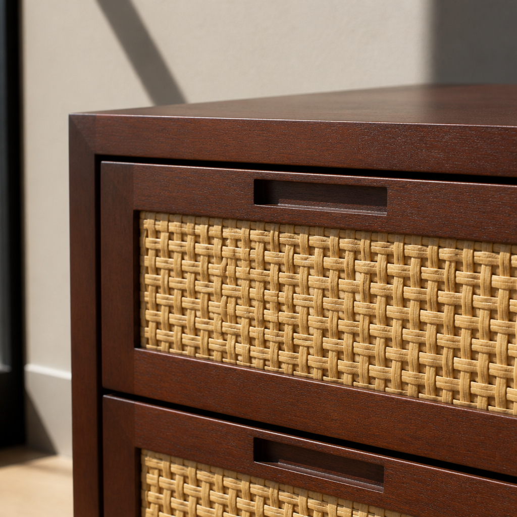 Close view of the cane webbing panel and recessed finger pull on the drawer front