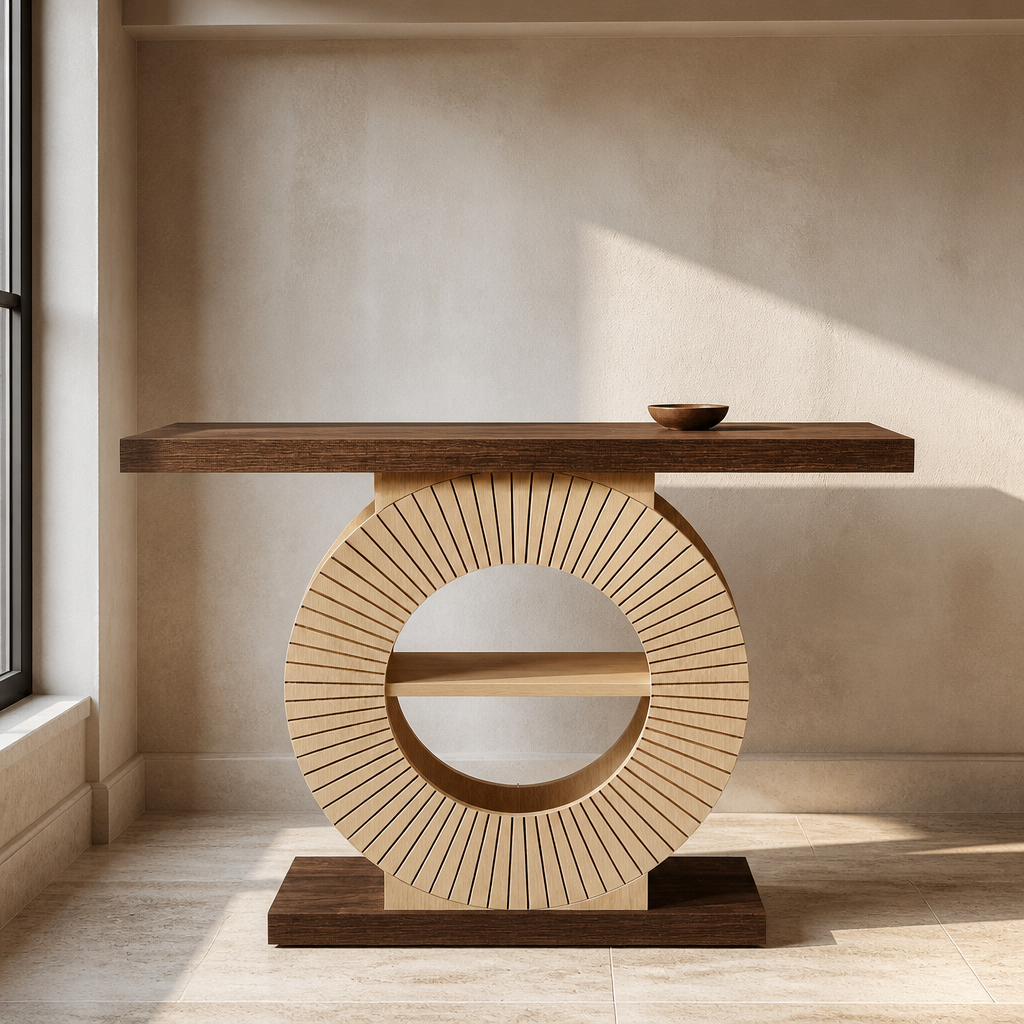 Console table with rustic dark plank top and pale oak fluted circle base, front view