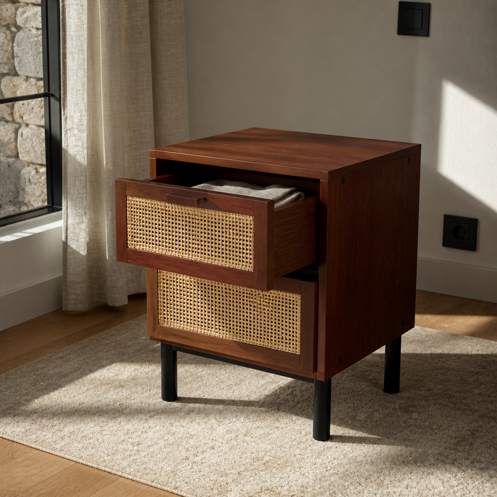 Walnut bedside chest with the top cane drawer pulled open