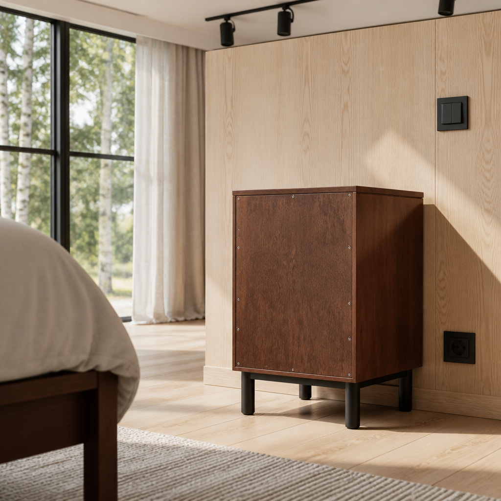 Rear angle of the walnut bedside chest showing its depth and black cylindrical legs
