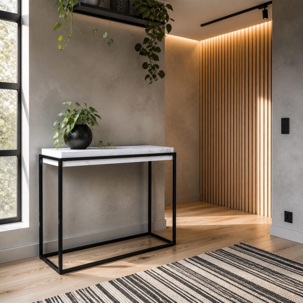 Marble console table against a microcement wall beside a backlit oak slat wall