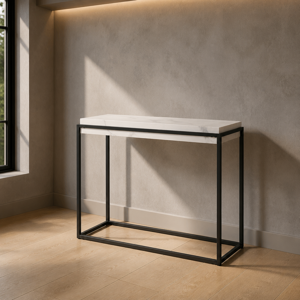 White faux marble console table on a slim matte black steel frame