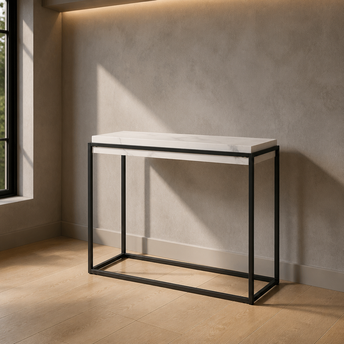 White faux marble console table on a slim matte black steel frame