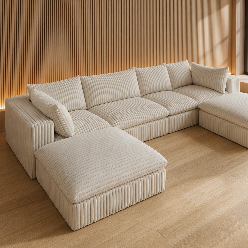 Cream jumbo corduroy modular sectional, close product portrait against a backlit oak slat wall