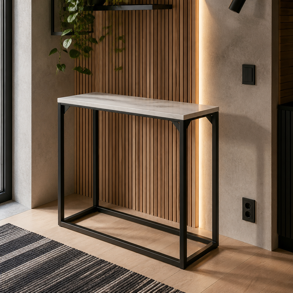 Marble console table beside the backlit oak slat wall, alternate view