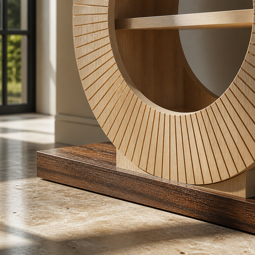 Close view of the radial fluted oak ring meeting the dark rustic plinth