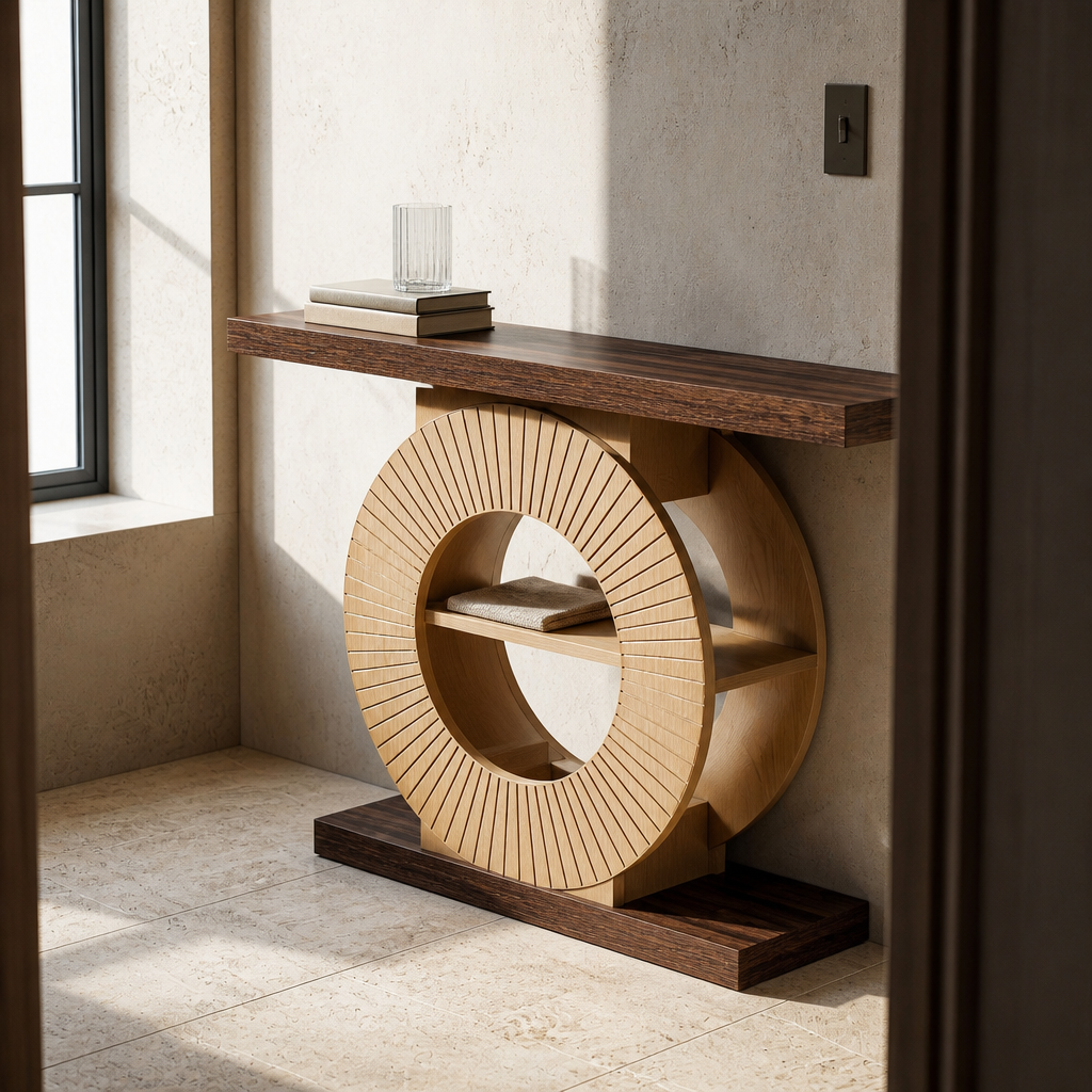 Console table styled with books and a glass vessel on the rustic plank top