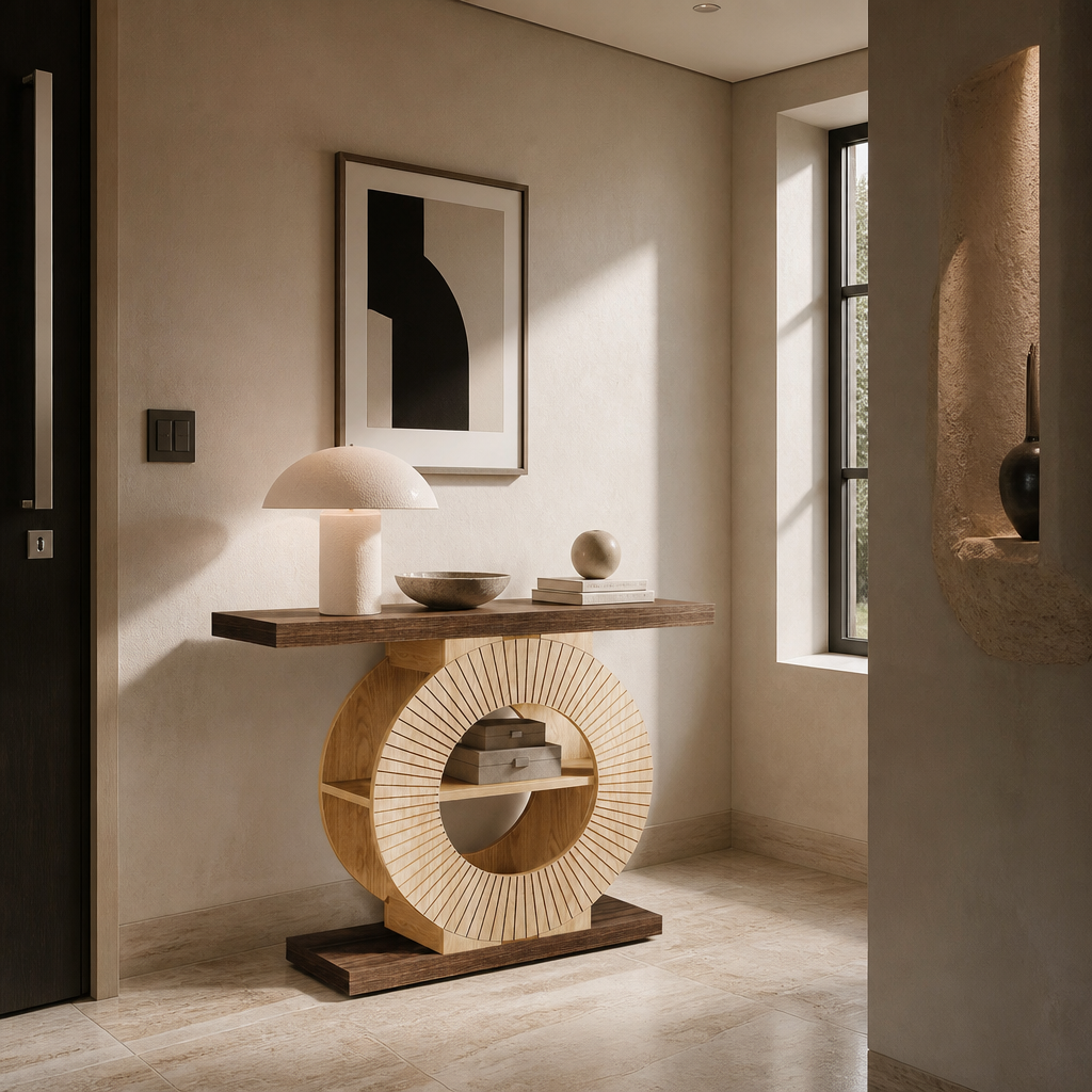 Circle base console table along a travertine gallery wall