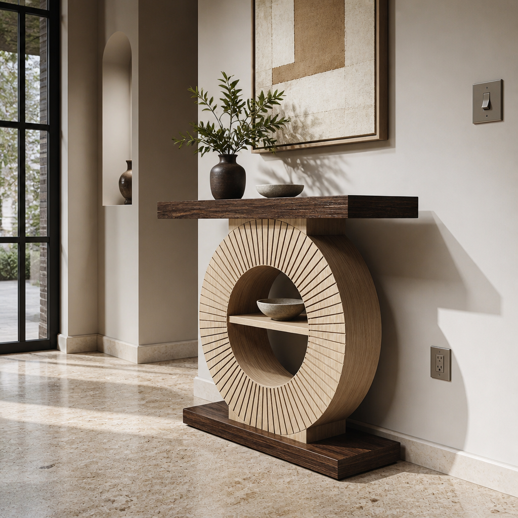 Angled view of the console table showing its narrow depth and open circular base