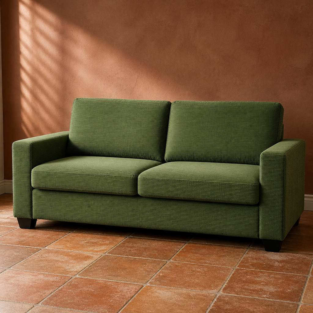 Olive green wide-wale corduroy sofa with chunky squared arms on short black block feet, close product view