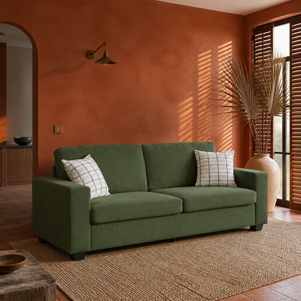 Olive green corduroy sofa in a terracotta interior with clay plaster walls and jute rug