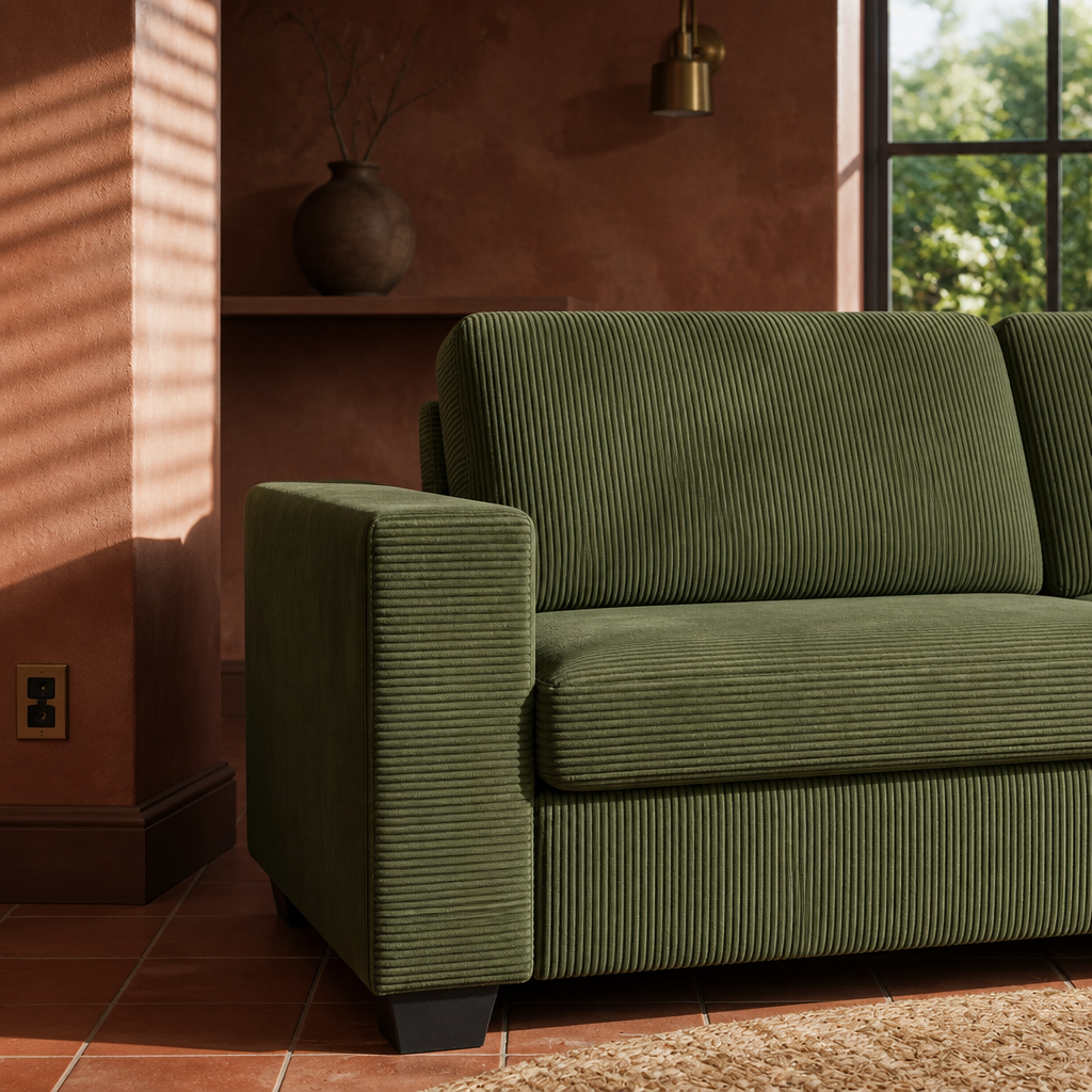 Close detail of the wide-wale corduroy and squared arm on the olive green sofa