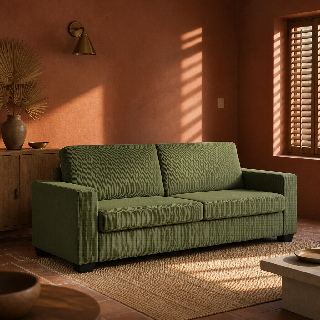 Olive green corduroy sofa in late afternoon light on a terracotta tile floor