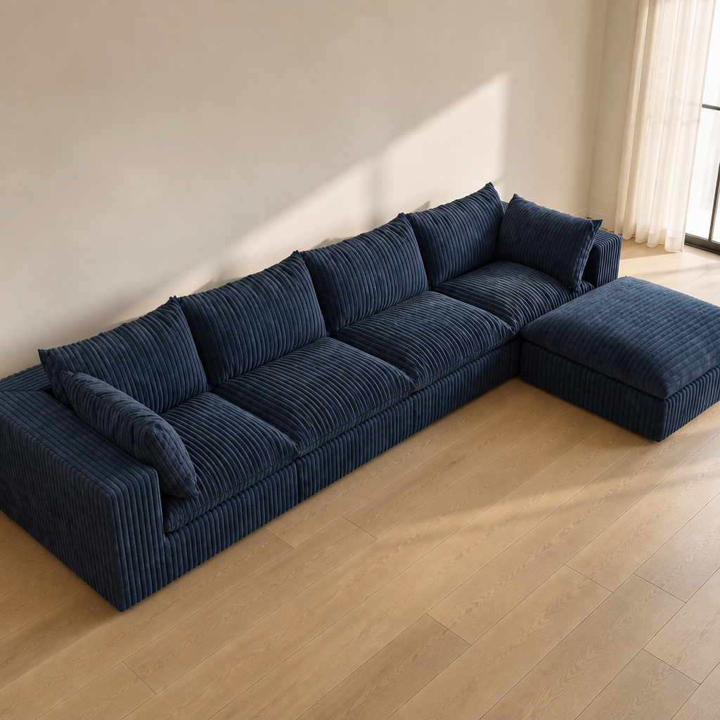 Navy jumbo corduroy L-shaped modular sectional sofa with matching ottoman, shown at an angle on a white oak floor
