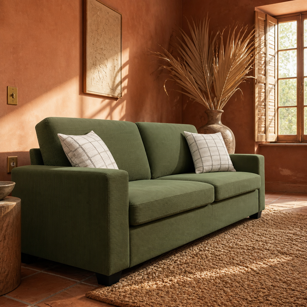 Olive green corduroy sofa from a low corner angle with shutter light raking across