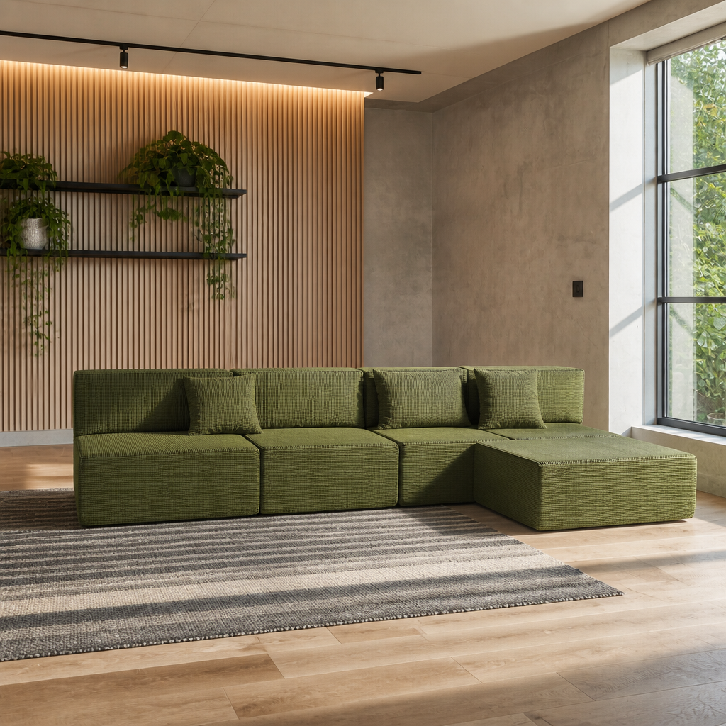 Olive green modular corduroy sectional in a room with a backlit white oak slat wall and microcement return