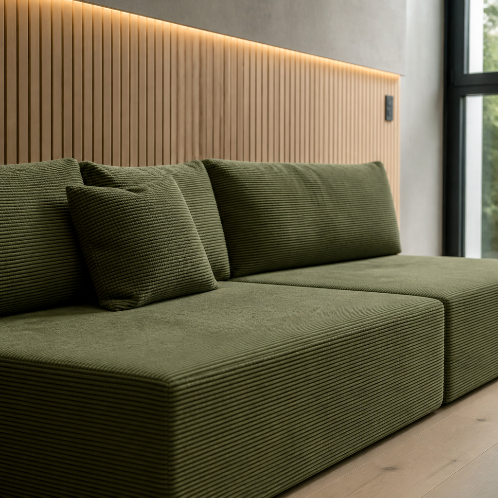 Close detail of the broad corduroy wale where a seat slab meets a leaning back cushion