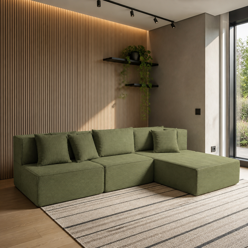 Olive green modular corduroy sectional from the far corner of a slat and microcement room