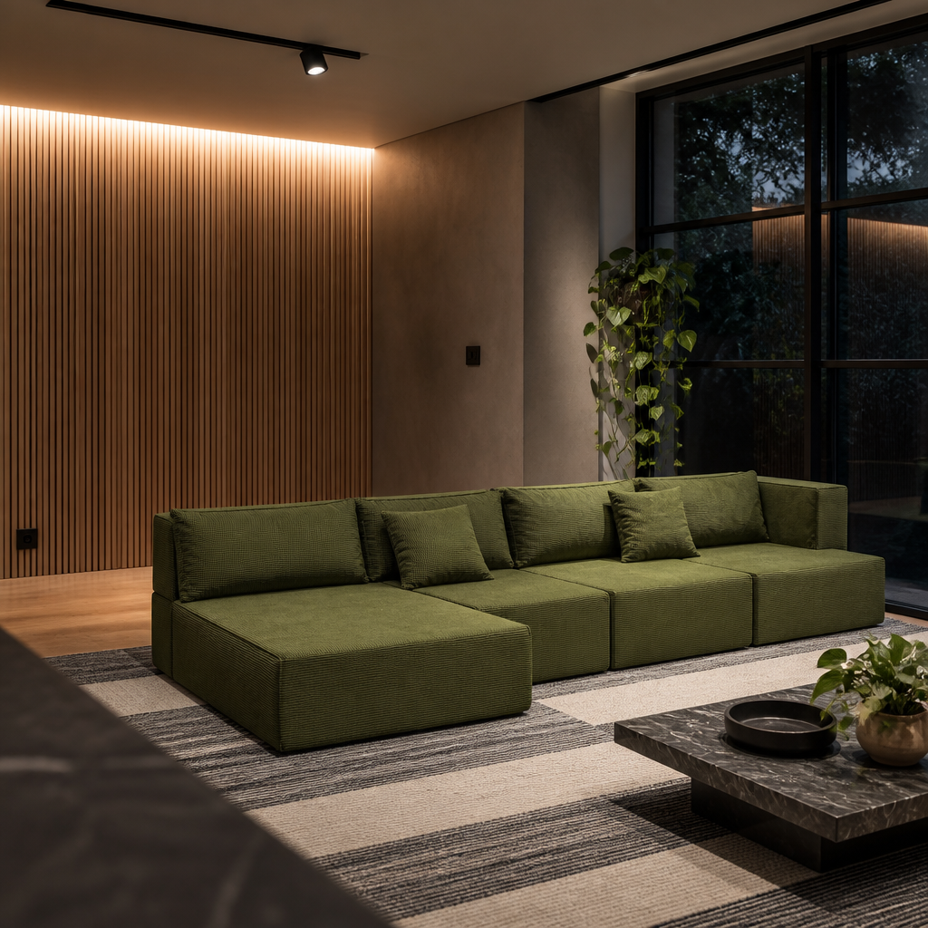 Olive green modular corduroy sectional in evening light under a concealed LED cove