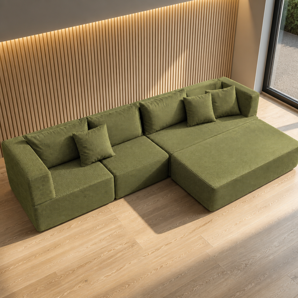 Modular corduroy floor sectional in olive moss green