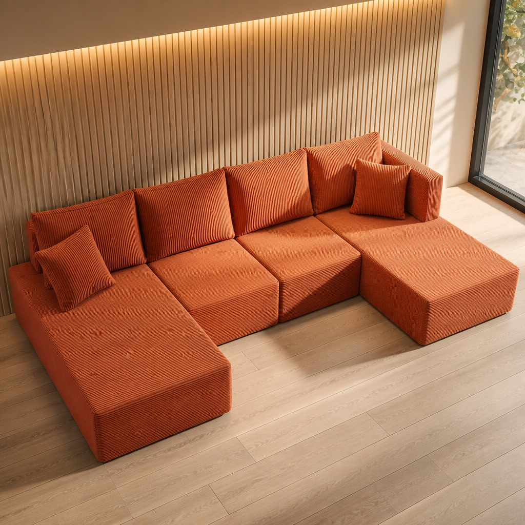 Modular corduroy floor sectional in burnt terracotta orange
