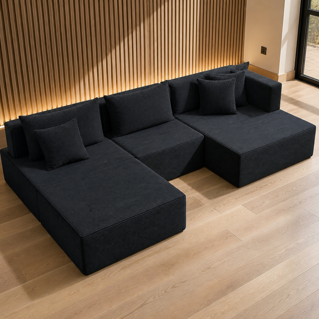 Modular corduroy floor sectional in near-black charcoal