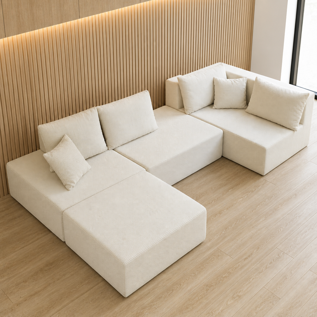 Modular corduroy floor sectional in warm ivory cream