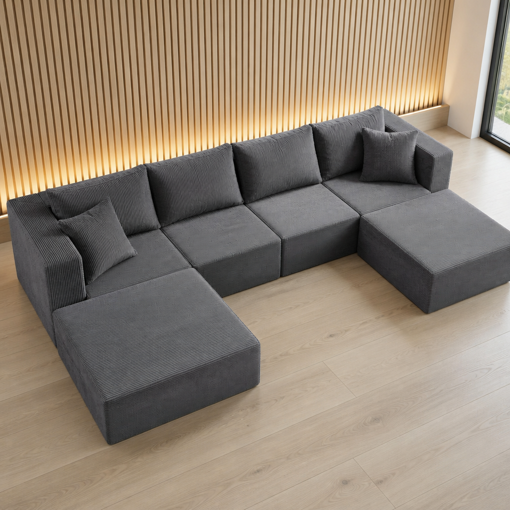 Modular corduroy floor sectional in medium graphite grey