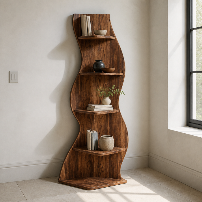 Wave-fronted corner bookcase in warm walnut brown wood against a chalk white lime wash wall on a limestone floor