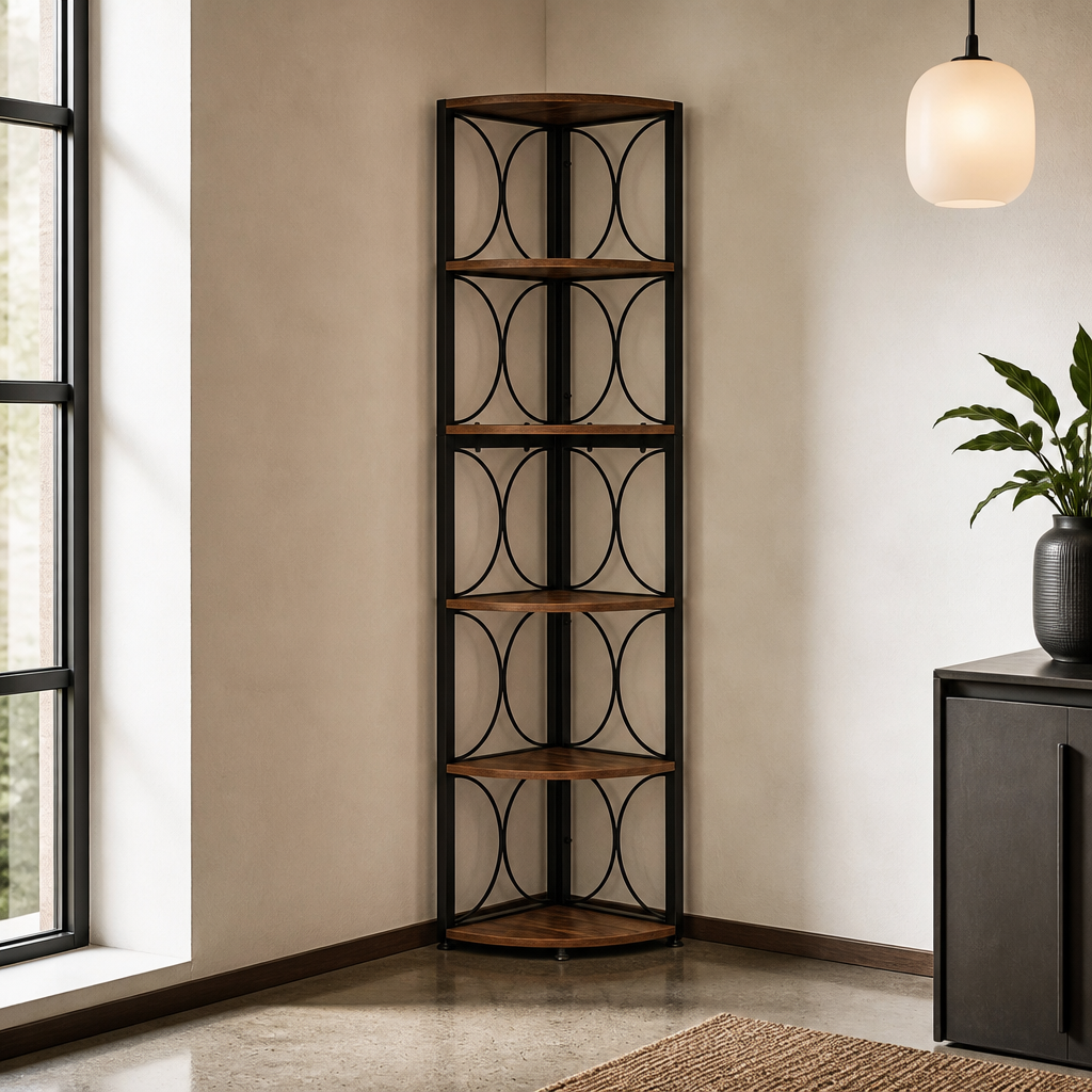 Tall slim corner shelf unit with black steel frame and rustic brown wood shelves against a bone plaster wall