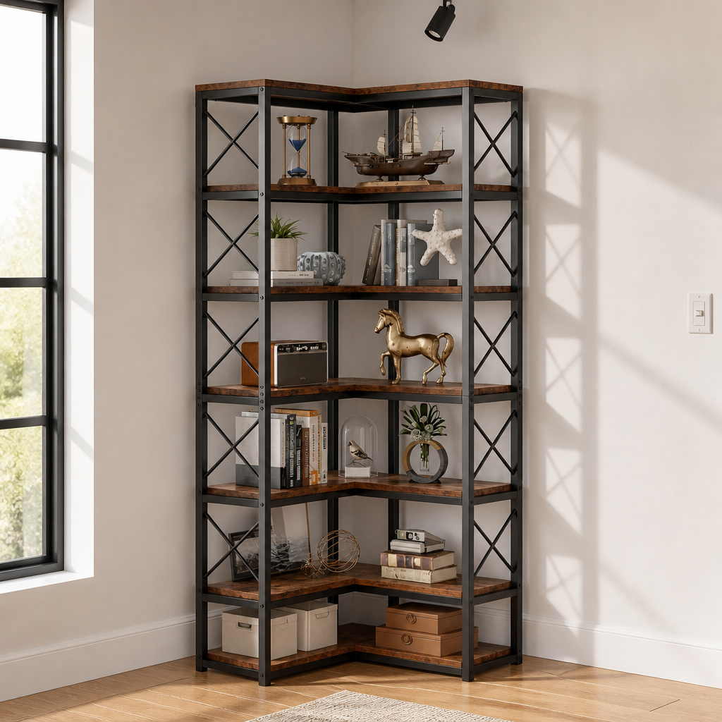 L-shaped corner bookcase with black steel X-braced frame and rustic brown wood shelves
