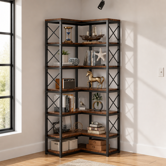 L-shaped corner bookcase with black steel X-braced frame and rustic brown wood shelves