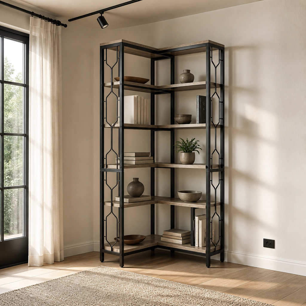 L-shaped corner bookcase in pale weathered grey oak with lozenge motif side panels