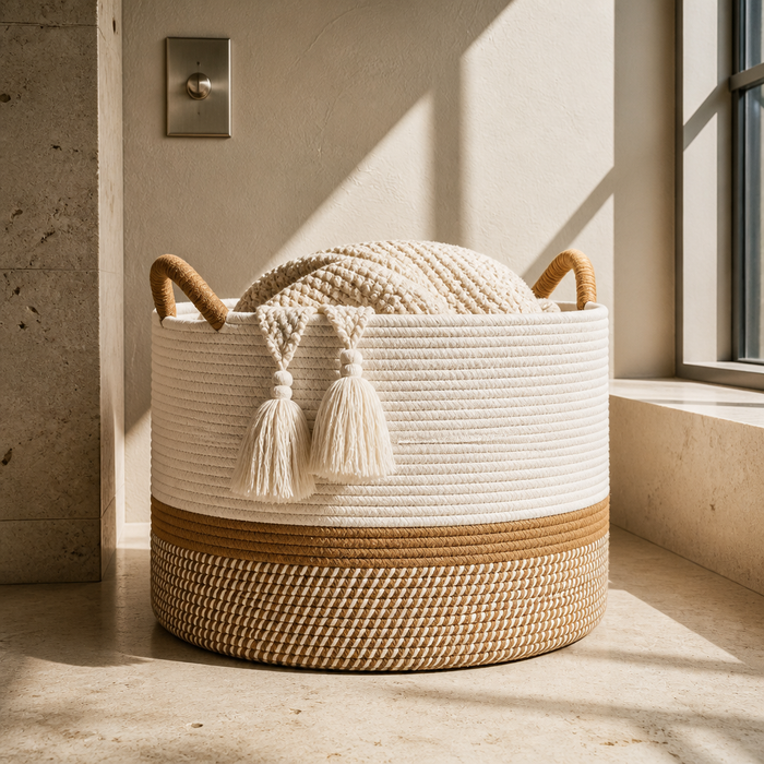 Round cotton rope floor basket in off white with tan jute lower band and knotted rope handles