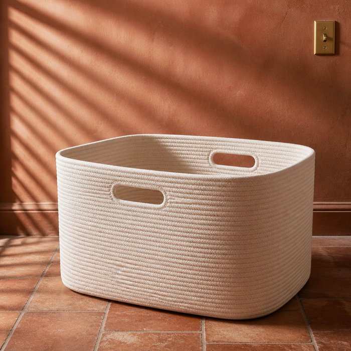Cotton rope storage basket, ivory, two cut handles
