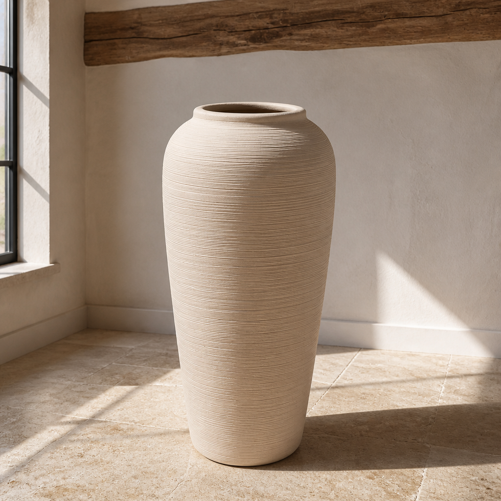 Ribbed cream ceramic vase, twelve inches tall