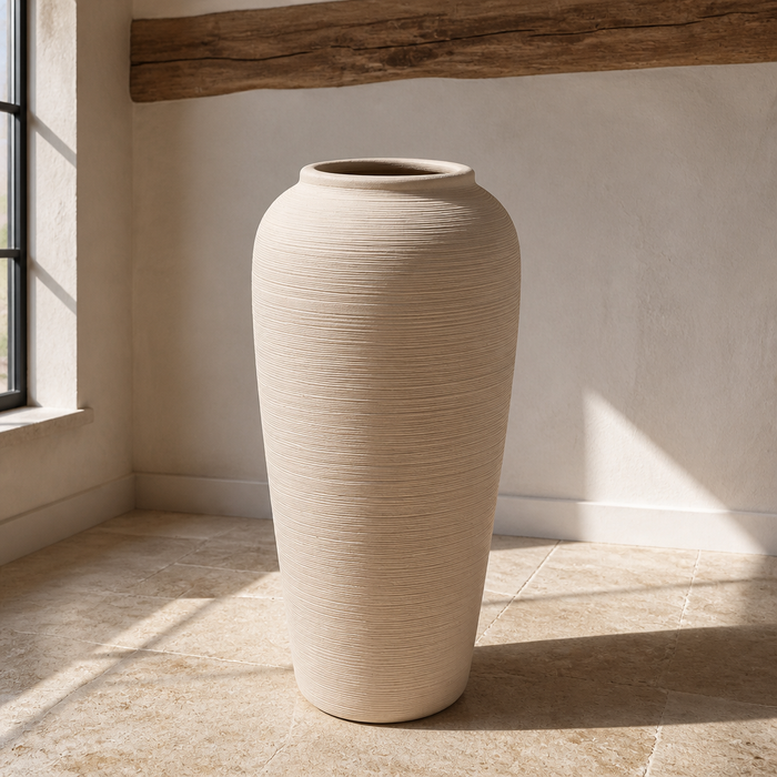 Ribbed cream ceramic vase, twelve inches tall