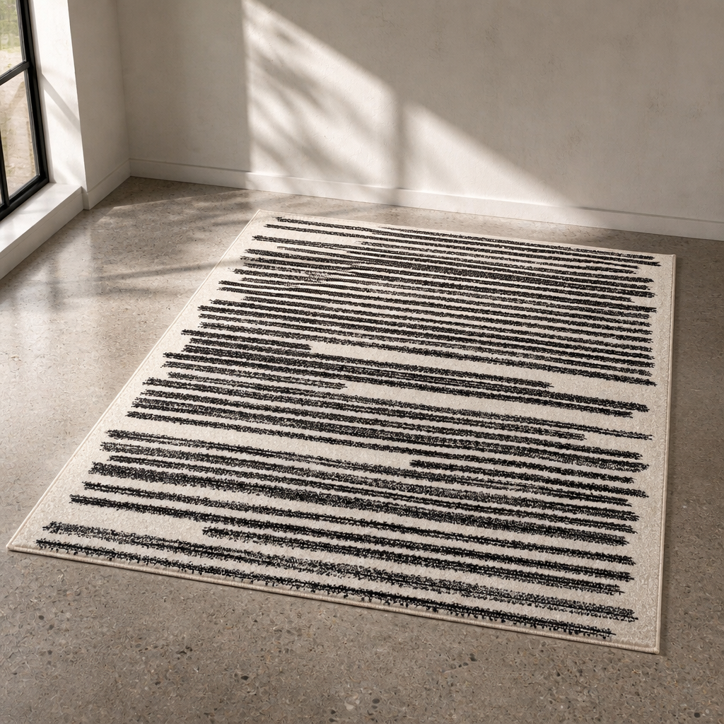 Cream and charcoal broken stripe area rug, 8 by 10