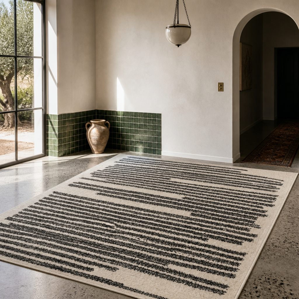 Full view of the cream and charcoal striped rug