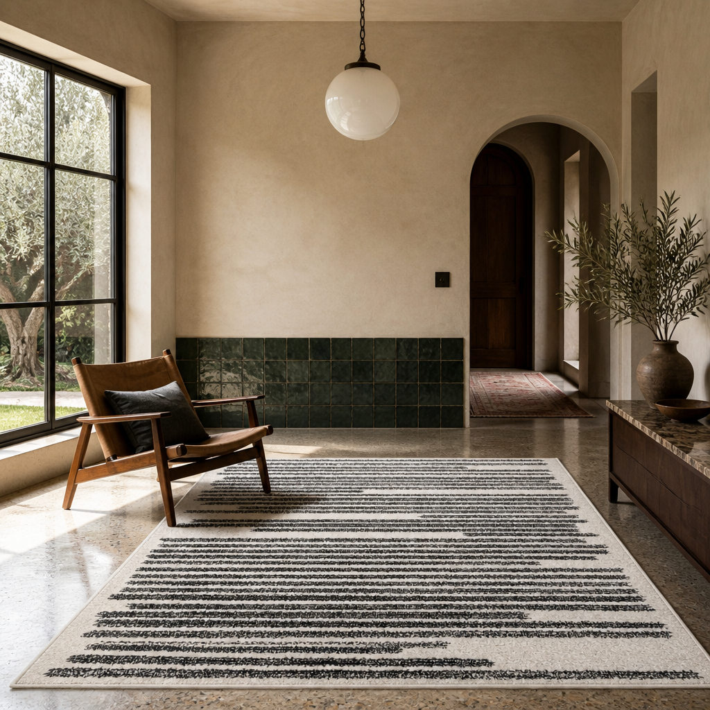Cream striped rug under a lounge chair